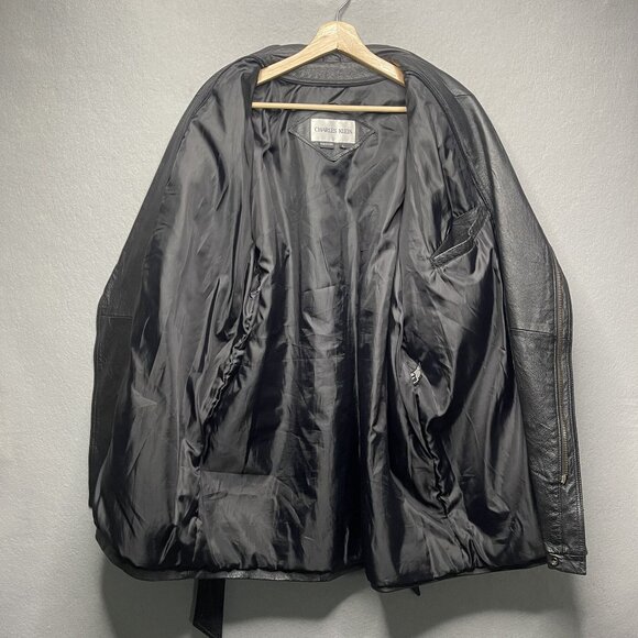 Vtg Charles Klein Black Genuine Leather Jacket Unique Seam Design Belted Waist - Picture 4 of 9